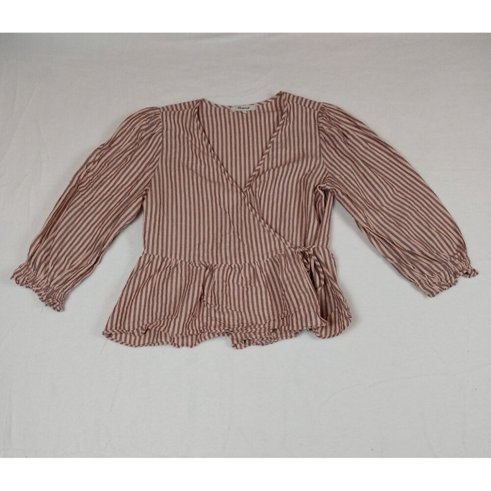 Madewell Puff-Sleeve Peplum Wrap Top in Stripe Sz S - Picture 2 of 11